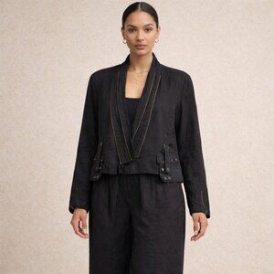 Laurent Vidal Black Linen  Lagenlook Jacket Cropped Zip Front Belted Utility
